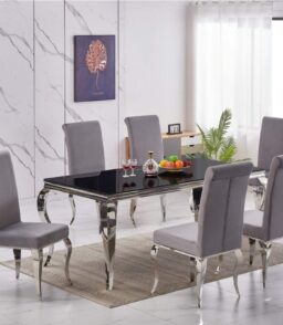 Atlanta Dining Table Black Glass with Silver Legs