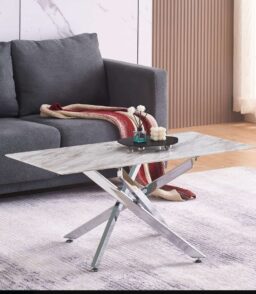 Scimitar Marble Effect Glass Coffee Table with Silver Legs